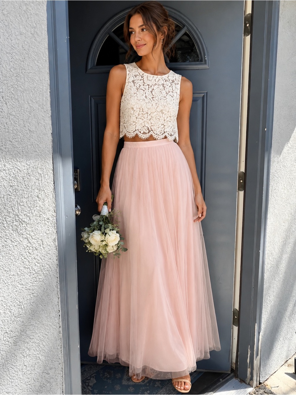 Jenny Yoo BHLDN Louise Tulle Skirt in Blush Rose and Cleo Crop Top in Ivory Lace